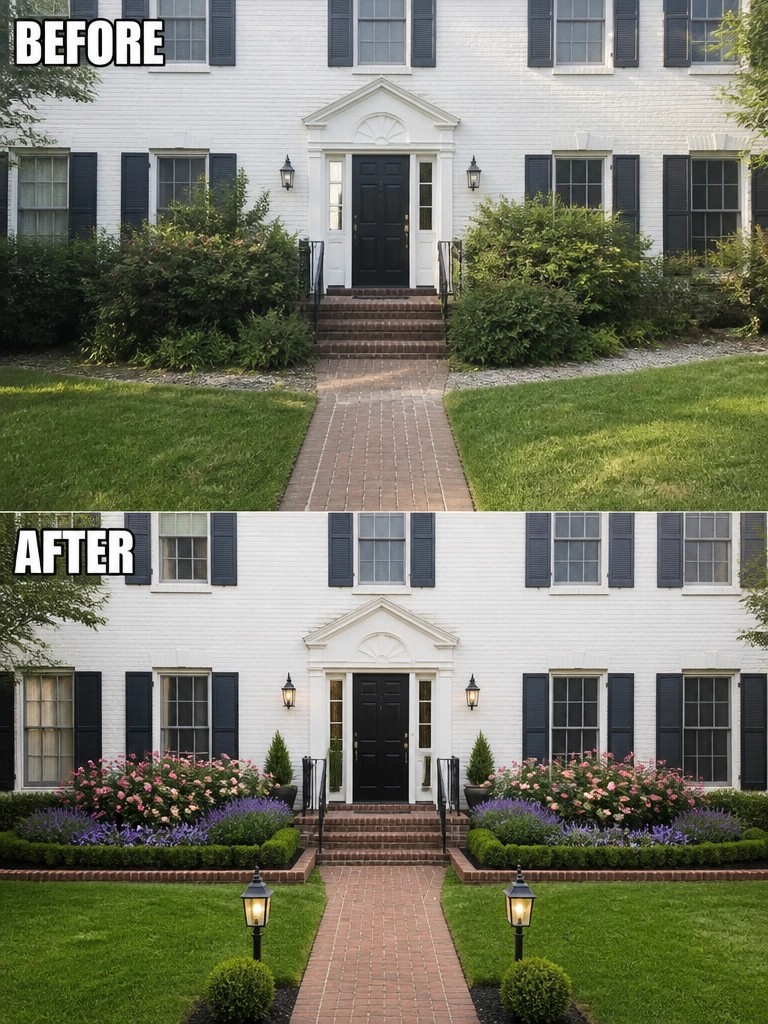 Before-and-after image of a white house front yard where overgrown shrubs were replaced with neat flower borders and added path lights.