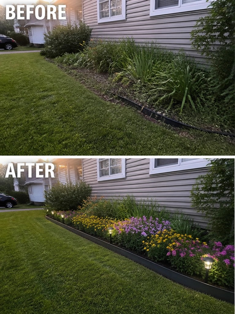 Before and after of overgrown garden bed transformed into colorful flower garden with lights