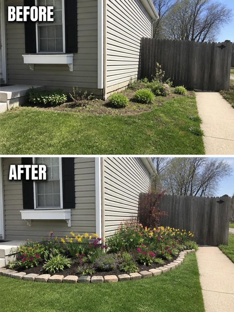 Before and after of sparse garden bed transformed into vibrant colorful flower garden with stone border.