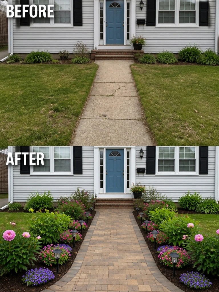 Before and after of house entrance with brick path and colorful flower beds