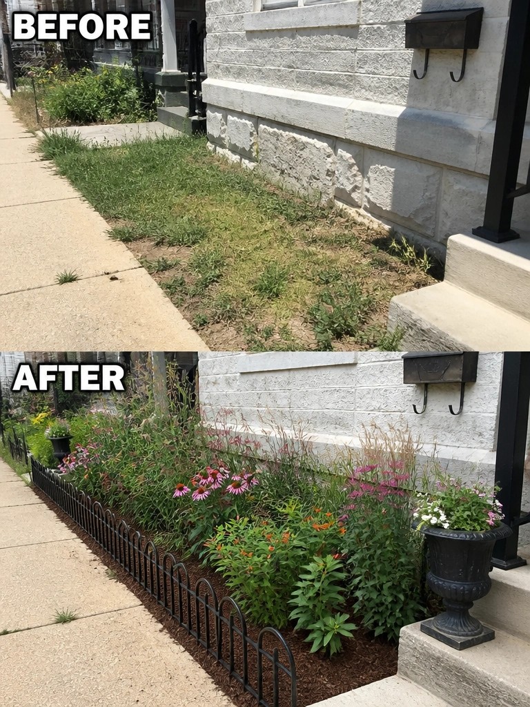 Before-and-after garden makeover: overgrown lawn transformed into colorful flowerbed with fence and mulch.