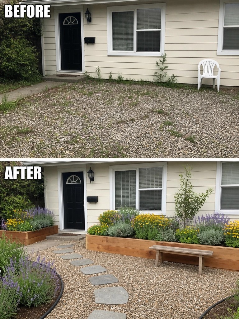 Before-and-after image of a bare gravel front yard changed into a landscaped space with raised wooden flower borders, colorful plantings, and a stepping stone path.