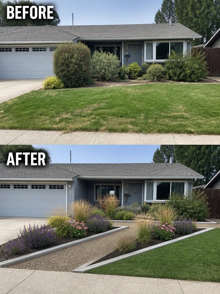 Before-and-after image of a front yard changed from an open lawn with scattered shrubs to one with edged garden beds, gravel paths, and structured plantings.