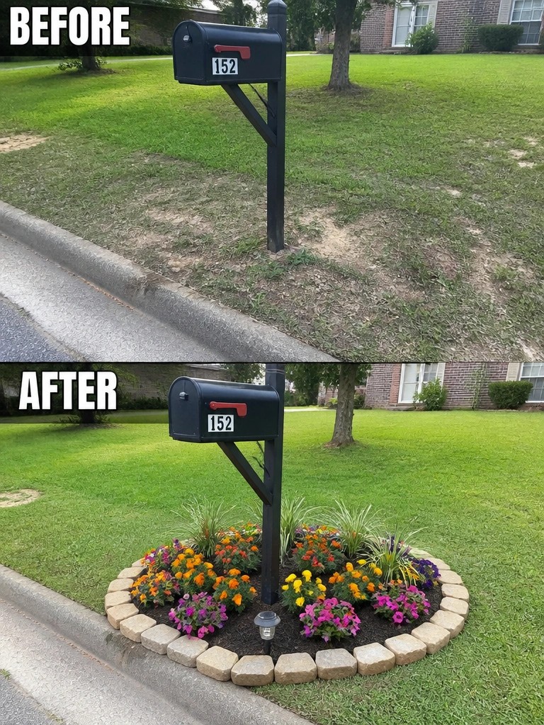Before-and-after image of a mailbox post changed from bare grass to a small circular flower bed with stone edging and colorful plants.