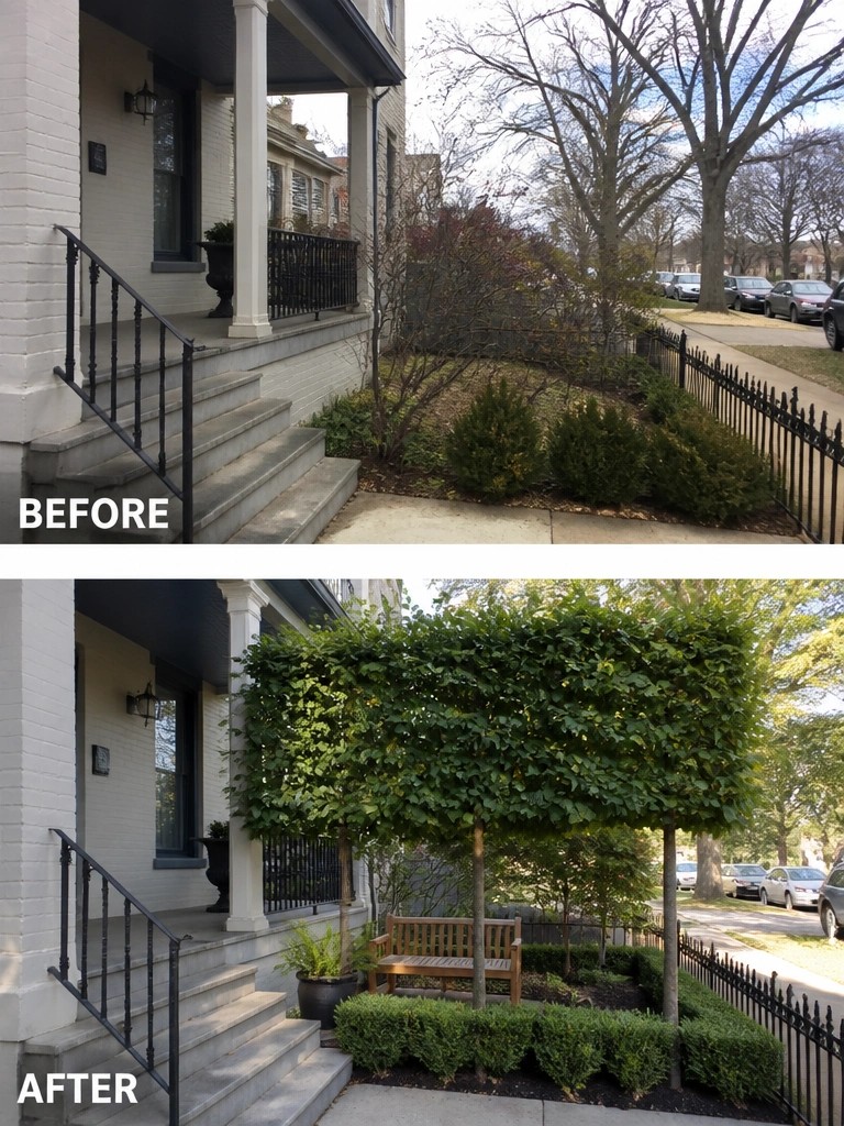 Before and after of house entrance with added trees, bench, and shrubs.