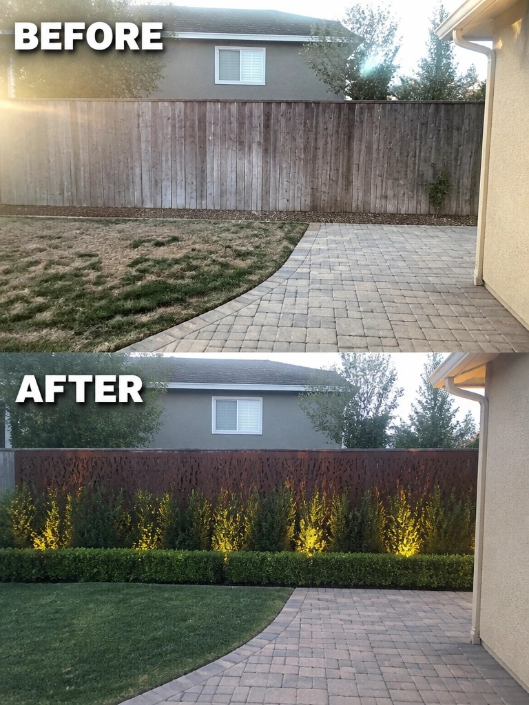 Before-and-after image of a backyard fence changed from plain wood to a decorative metal screen with a row of shrubs and lighting in front.