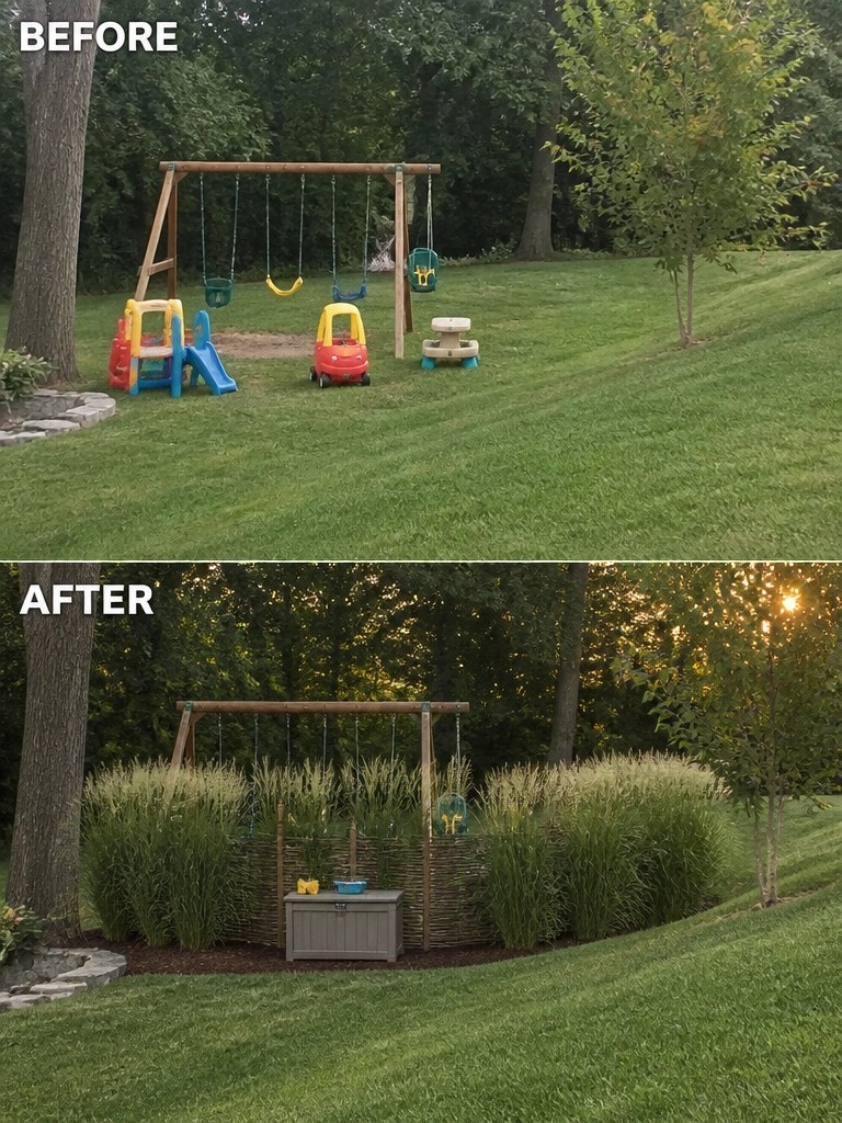 Before-and-after image of a backyard swing set area changed from an open lawn with scattered toys to a defined play zone enclosed by tall grasses and a woven screen.