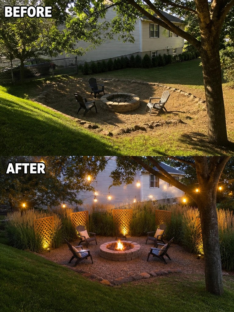 Before and after backyard fire pit makeover with string lights and landscaping.