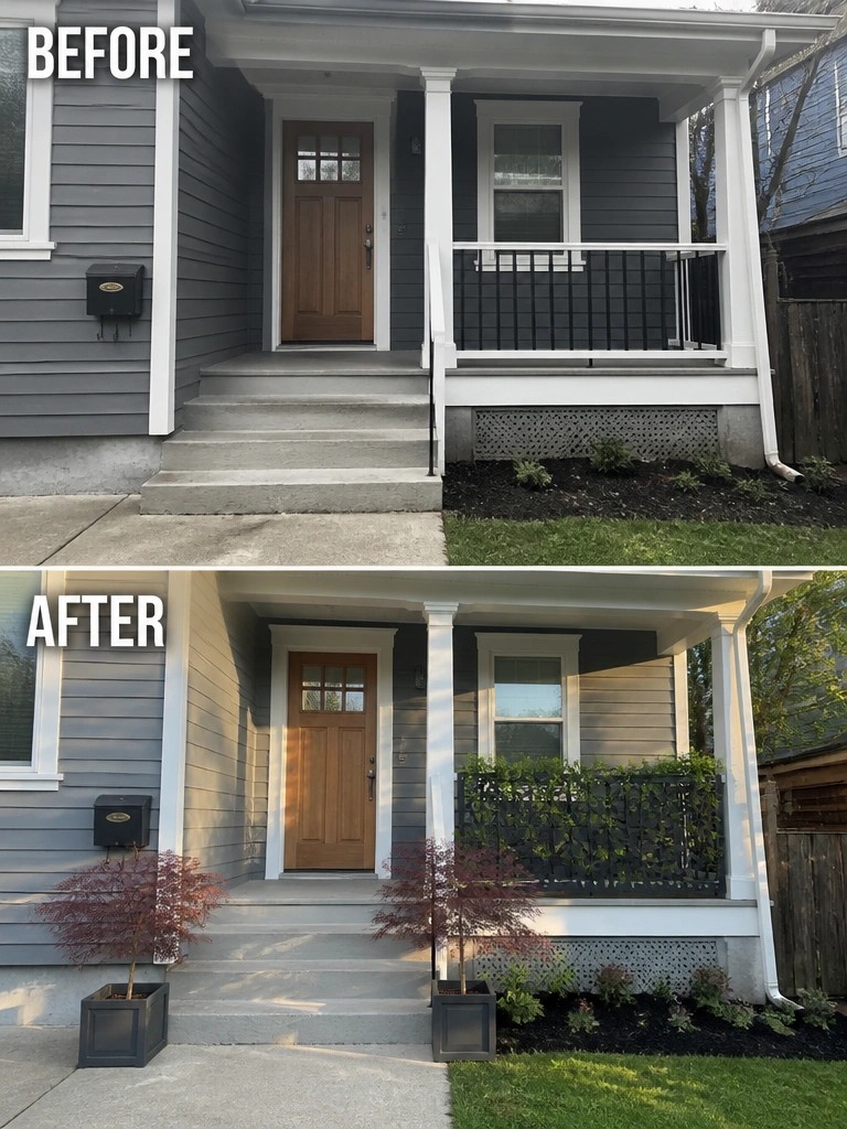 Before-and-after image of a front porch updated with potted trees flanking the steps and added greenery along the railing for privacy.