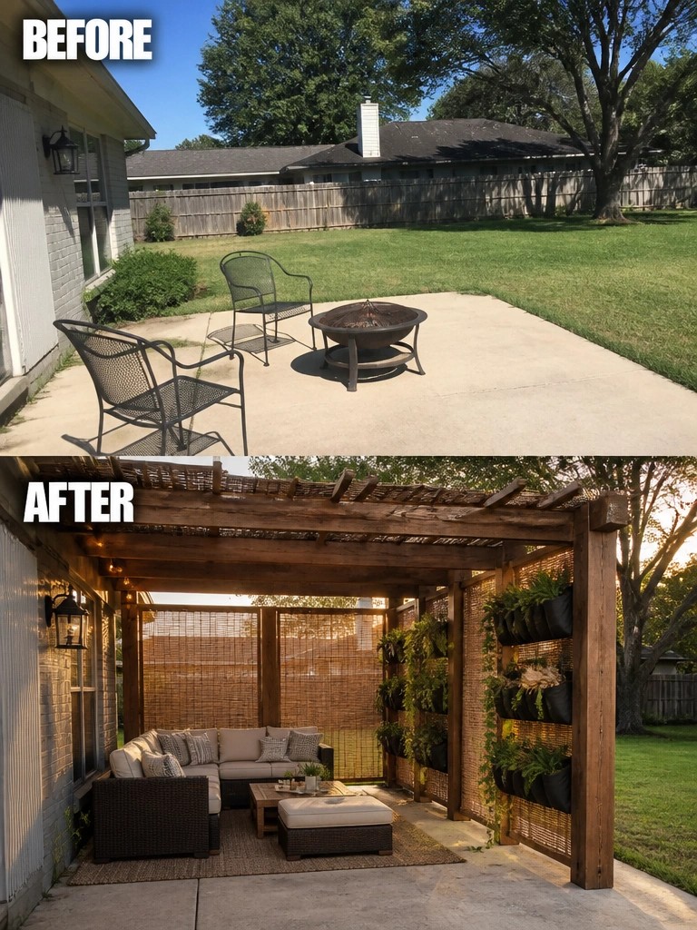 Before and after backyard patio with pergola, sofa, fire pit, and plants