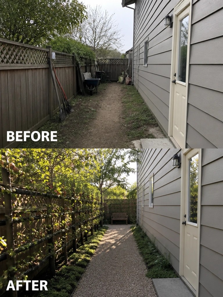 Before-and-after image of a side yard path with a bare fence changed into a gravel walkway lined with climbing vines covering the fence for added privacy.