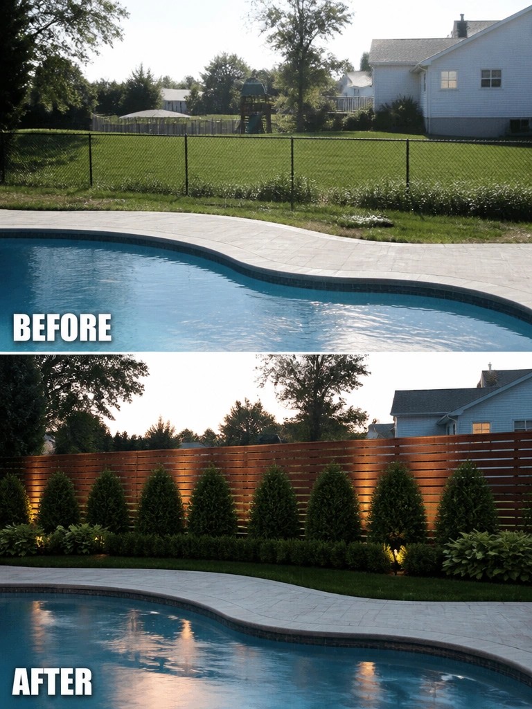 Before-and-after pool view with chain-link fence replaced by lit wooden fence and shrubs.