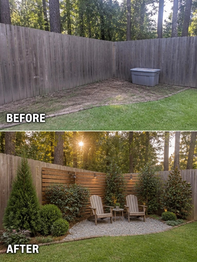 Before-and-after backyard transformation from bare dirt to landscaped seating area with chairs and plants.