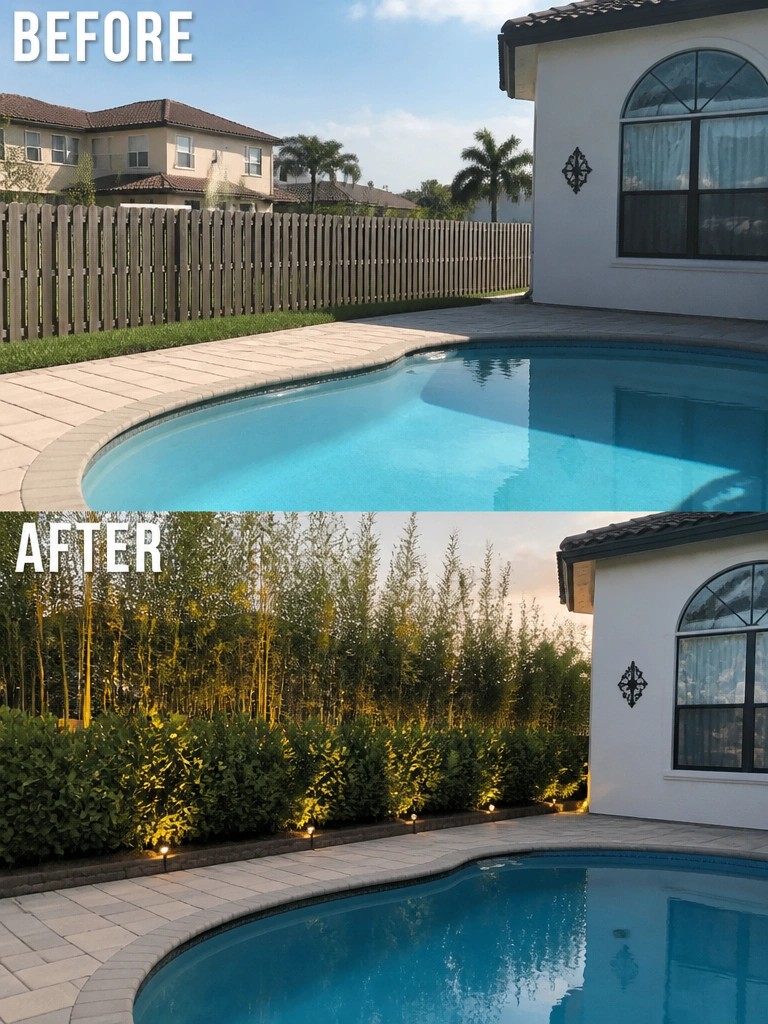 Before and after view of pool with added bamboo plants and landscape lights