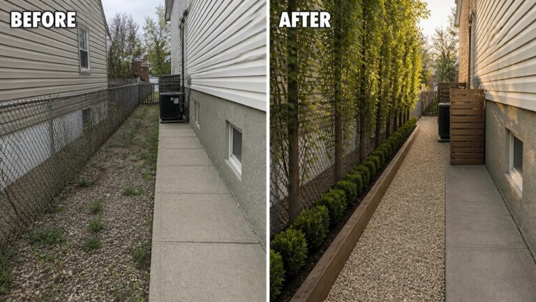 25 Creative Privacy Transformation Ideas With Trees, Shrubs, and Screens Before and after of narrow yard with chain-link fence, AC unit, and new landscaping.
