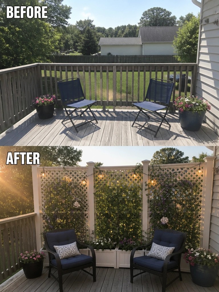 Before and after deck with new white lattice, lights, and cushioned chairs.
