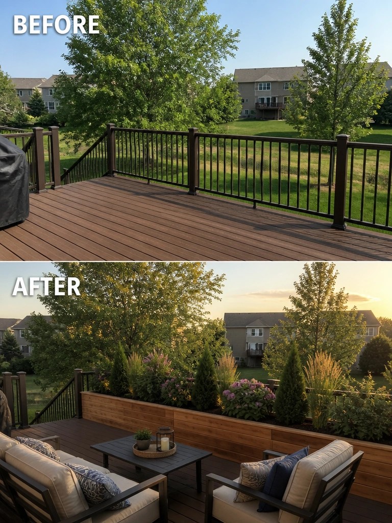 Before and after deck with added seating, planters, and sunset garden