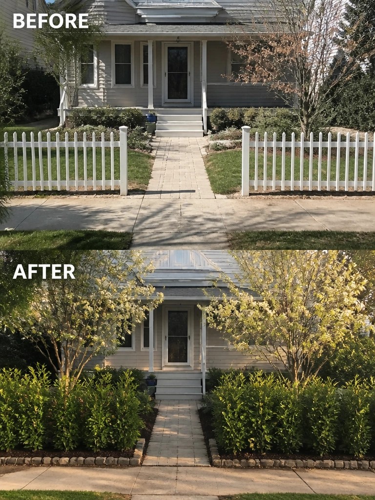 Before and after house front with added lush shrubs and blooming trees.