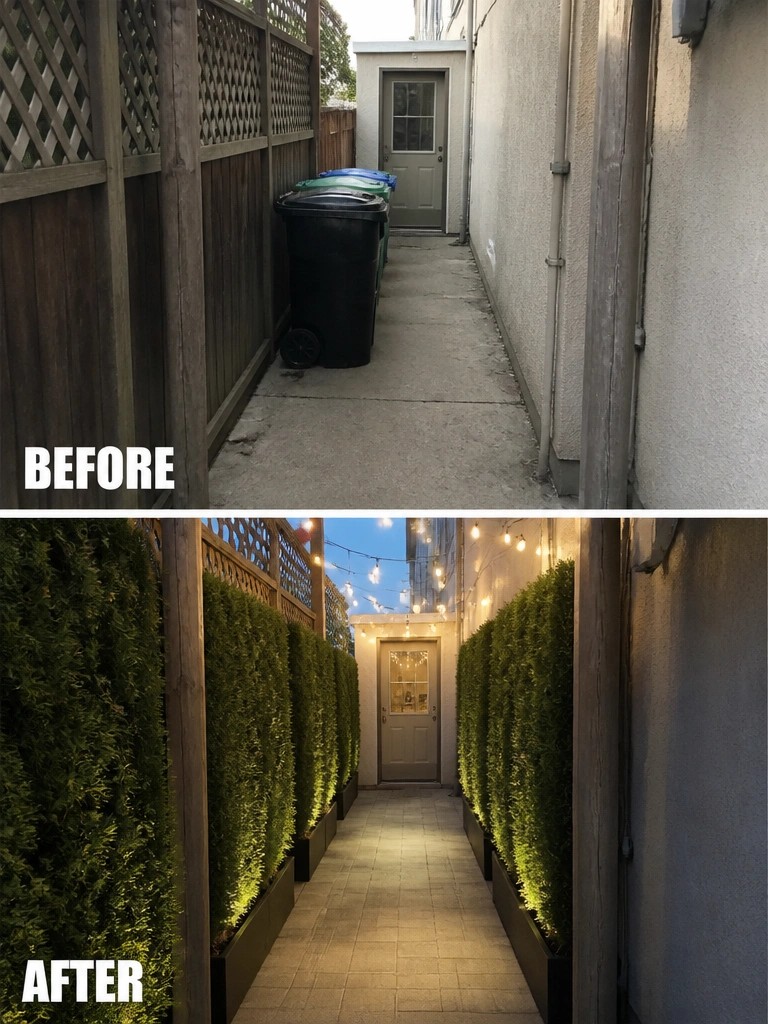 Before and after alleyway with trash cans replaced by lit hedges and planters.