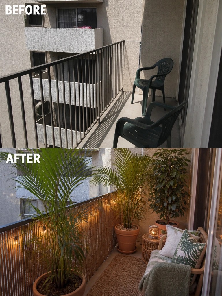 Before and after balcony transformed with potted plants, string lights, and cozy seating.