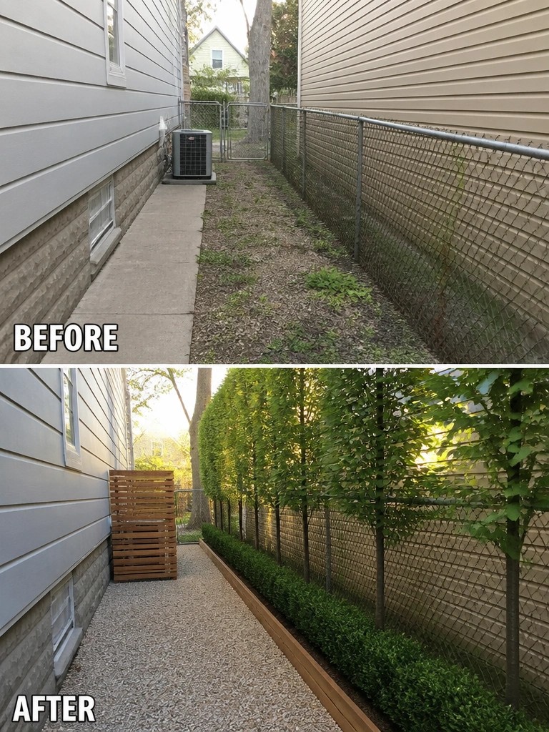 Before and after of narrow yard with chain-link fence, AC unit, and new landscaping.