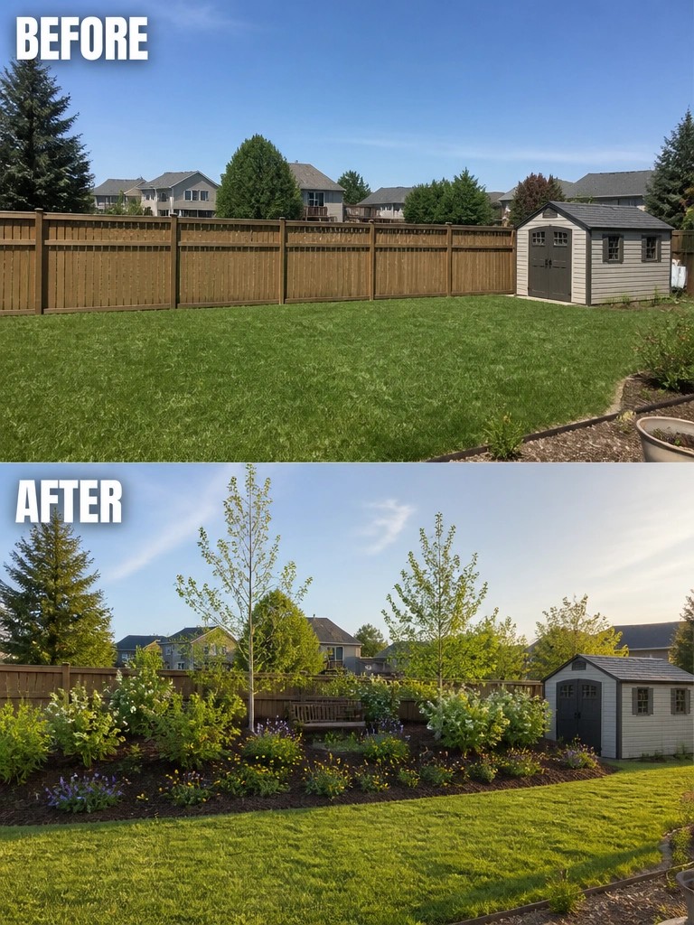Before-and-after image of a bare backyard lawn changed by adding a row of trees, flowering shrubs, and a garden bed along the fence.