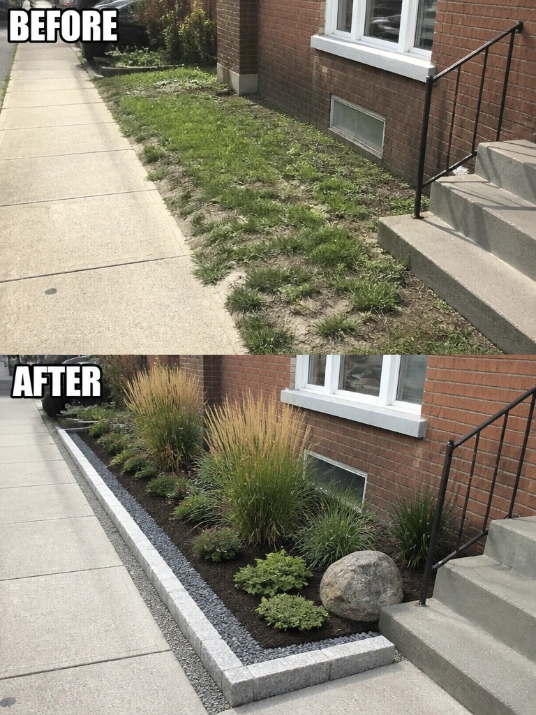 Before-and-after image of a narrow strip beside a brick house changed from patchy grass into a defined garden bed with stone edging, mulch, and planted sections.