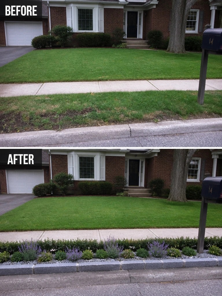 Before-and-after view of house lawn with new flowerbed garden added.
