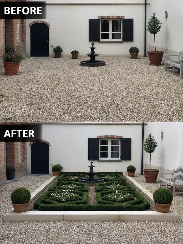 Before and after courtyard with fountain, from gravel to formal hedge garden.
