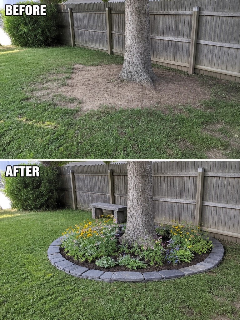 Before and after of tree with bare dirt transformed into colorful flower garden and bench