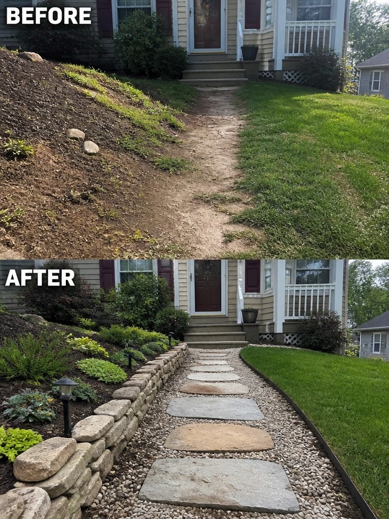Before-and-after image of a bare dirt path on a slope changed into a defined stone walkway with gravel and low garden edging.