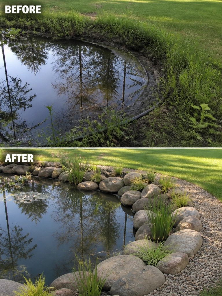 Before-and-after image of an overgrown pond edge changed into a defined border using large stones and gravel.
