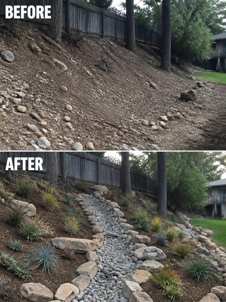 Before-and-after image of a bare rocky slope transformed into a landscaped hillside with a stone-edged gravel channel and planted beds.