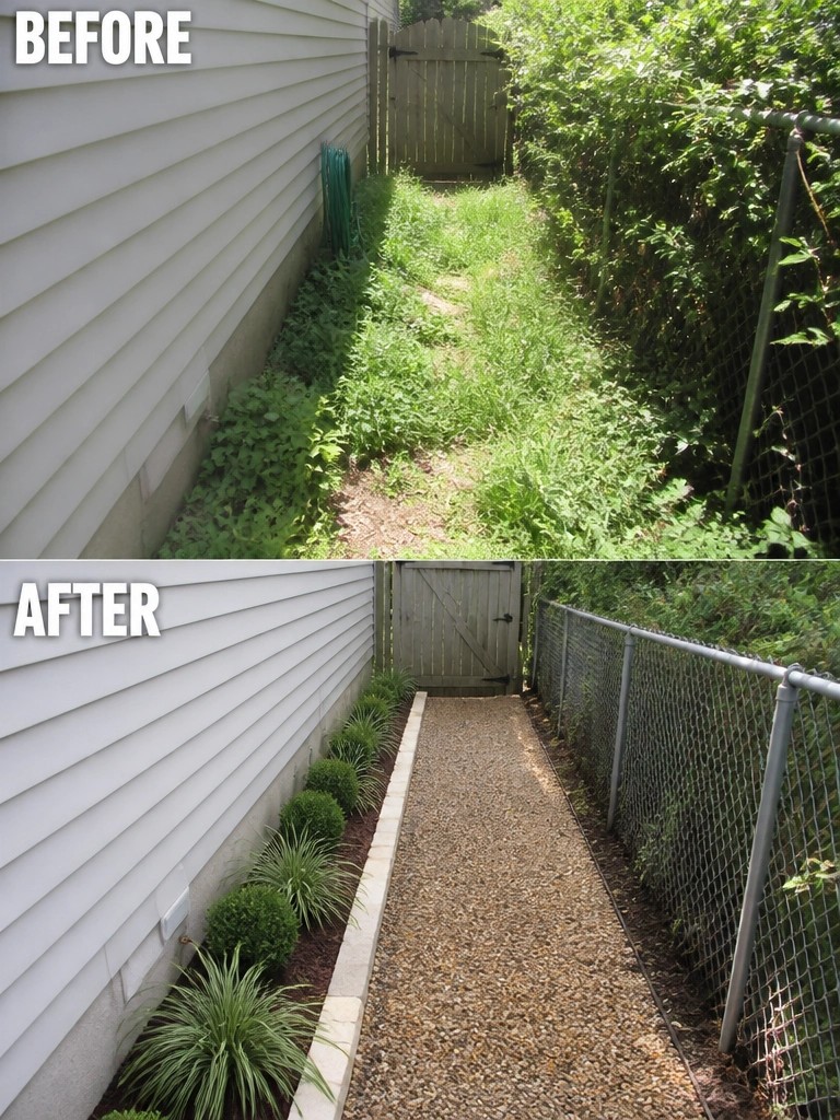 Before and after of overgrown yard path transformed into neat gravel walkway with shrubs