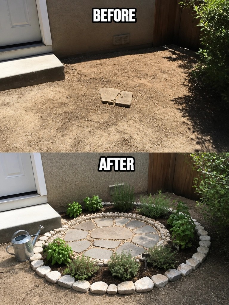 Before and after of bare dirt yard transformed into circular stone garden with plants.