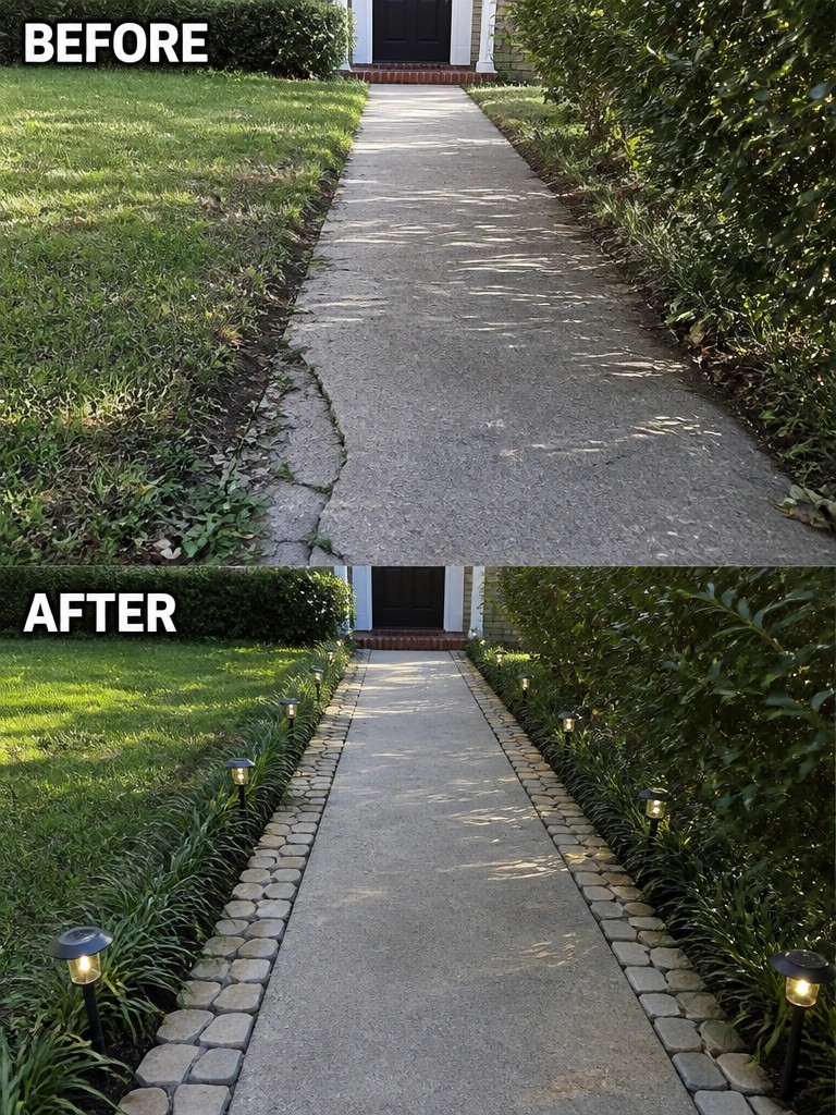 Before-and-after cracked walkway lined with cobblestones and glowing solar lights