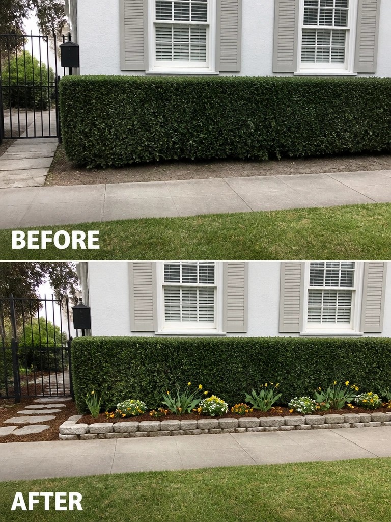 Before-and-after image of a front hedge with a plain grass strip changed into a mulched flower bed bordered by low stone edging.