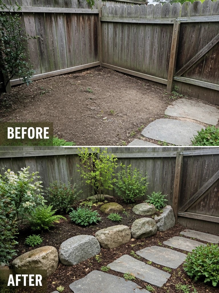 Before-and-after image of a bare backyard transformed with stone edging and planted garden beds along the fence.
