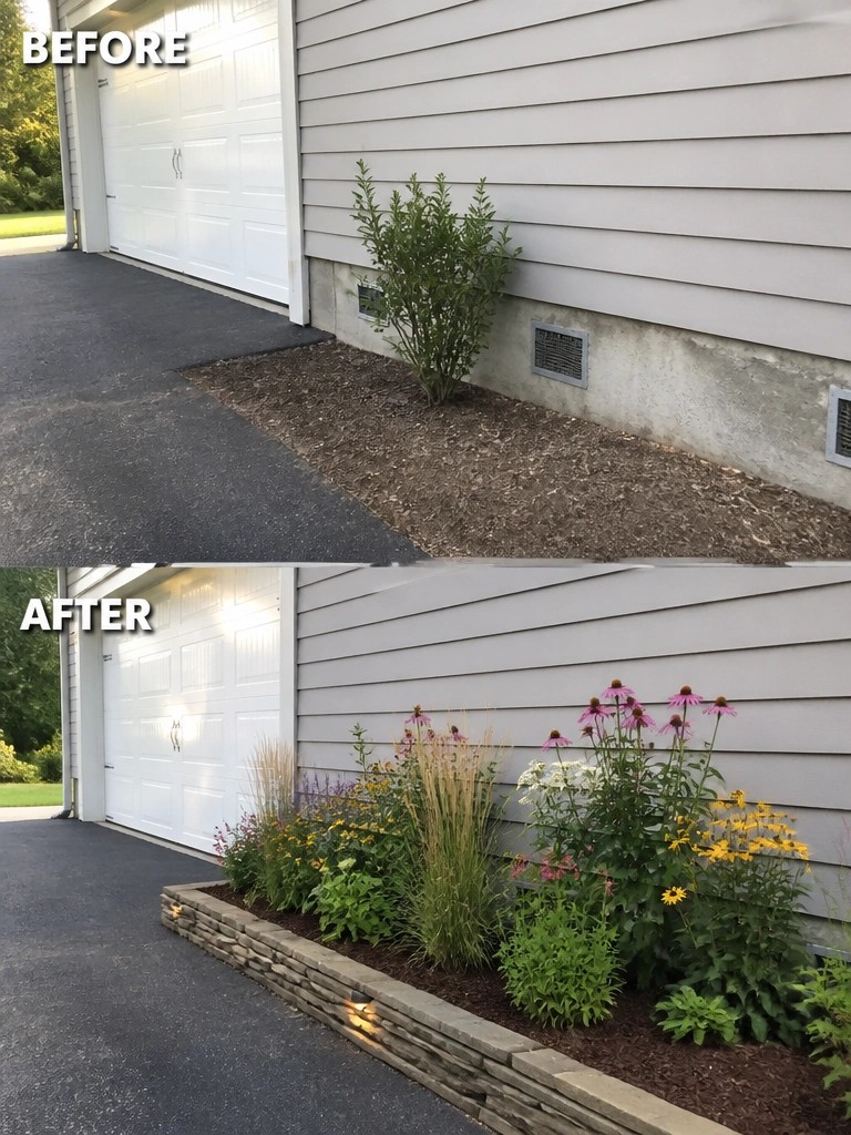 Before and after of vibrant flower garden bed with stone edging by garage.