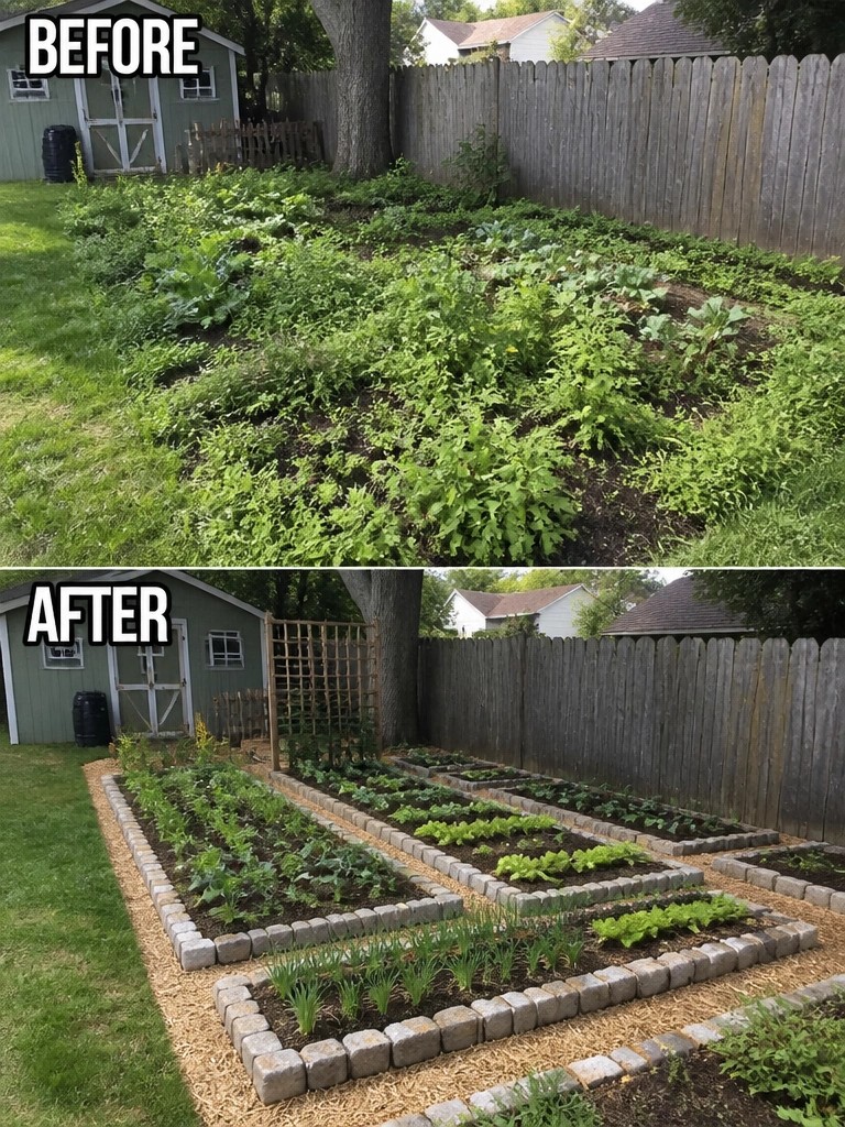 Before-and-after backyard garden transformed from overgrown weeds to neat raised beds.