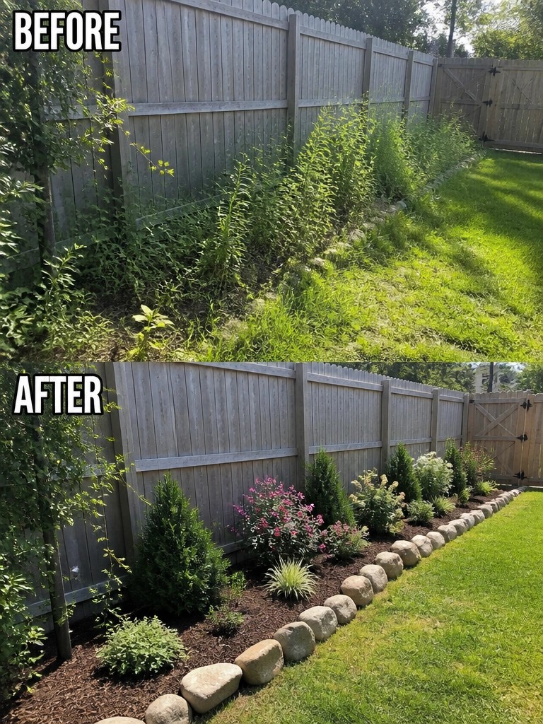 Before-and-after image of an overgrown fence line changed into a neat garden bed with stone edging, mulch, and planted shrubs.