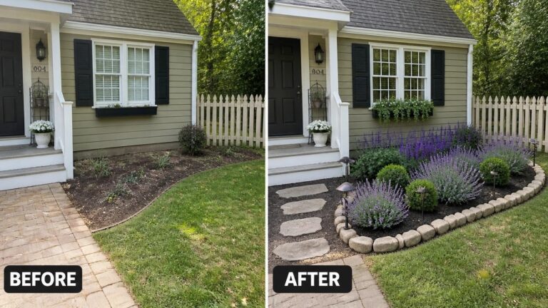 24 Elegant Garden Before and After Ideas With Stone Edging Before-and-after image of a front garden bed changed from loose mulch into a defined planting area with low stone edging.