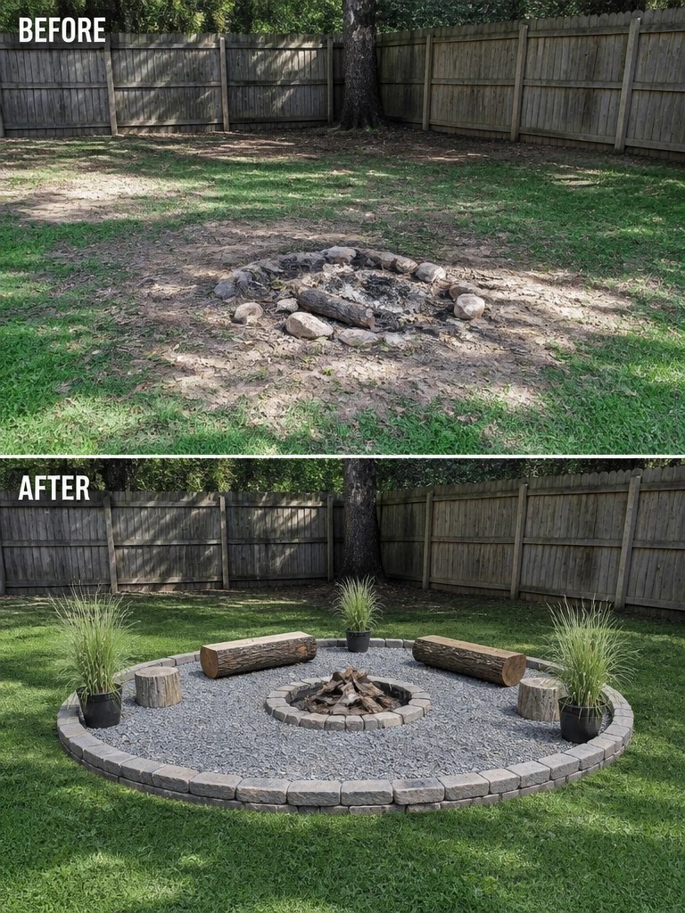 Before and after backyard fire pit with gravel border, logs, and plants.