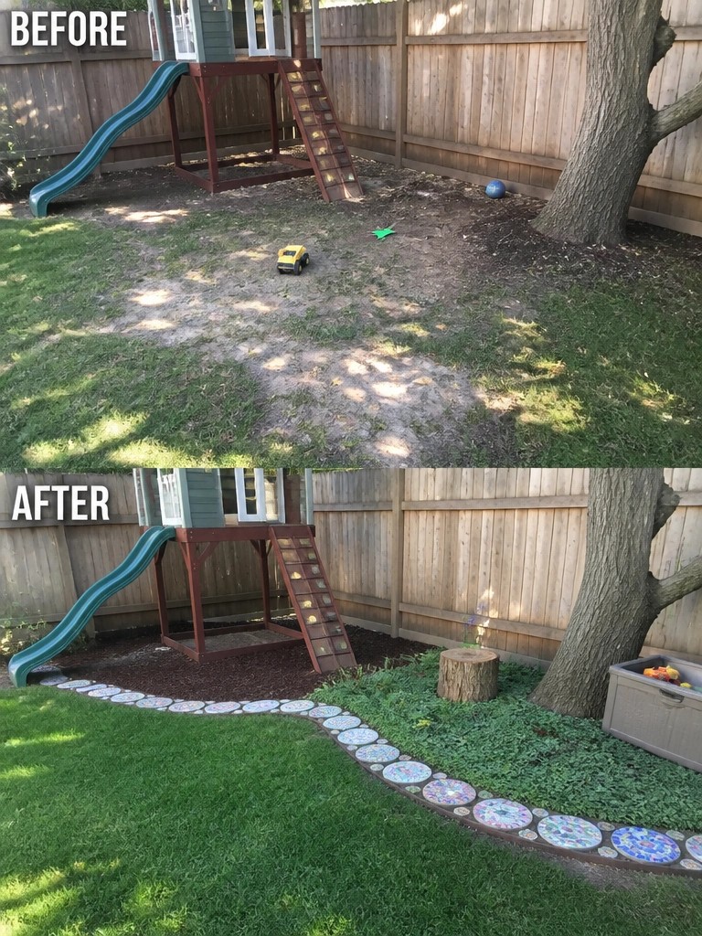 Before and after backyard playset with new colorful mosaic path and mulch bed.