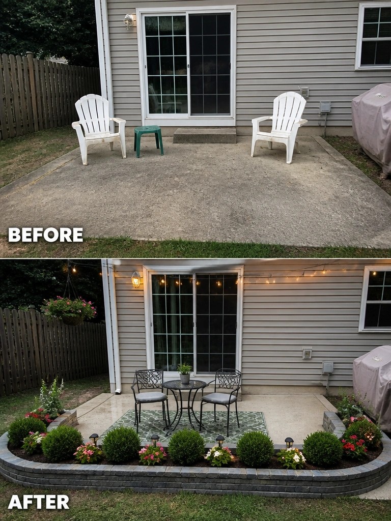 Before-and-after image of a bare concrete patio updated with stone edging and planted garden beds.