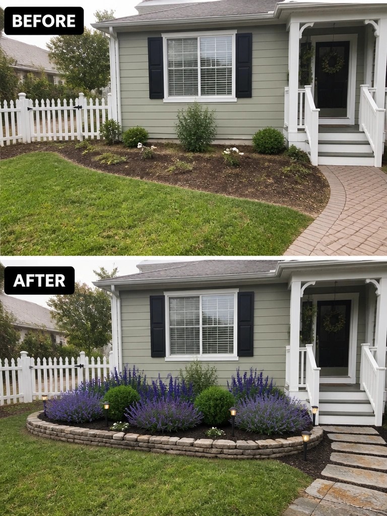Before-and-after image of a front garden bed changed from loose mulch into a defined planting area with low stone edging.
