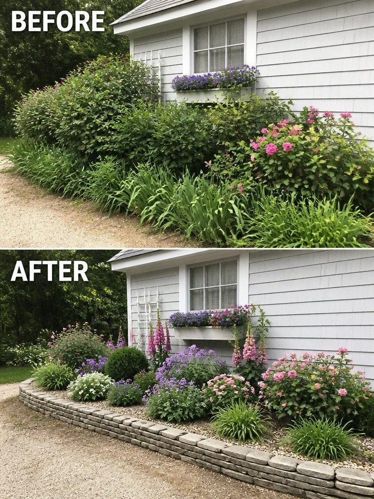 Before-and-after garden makeover with stone border beside white house.