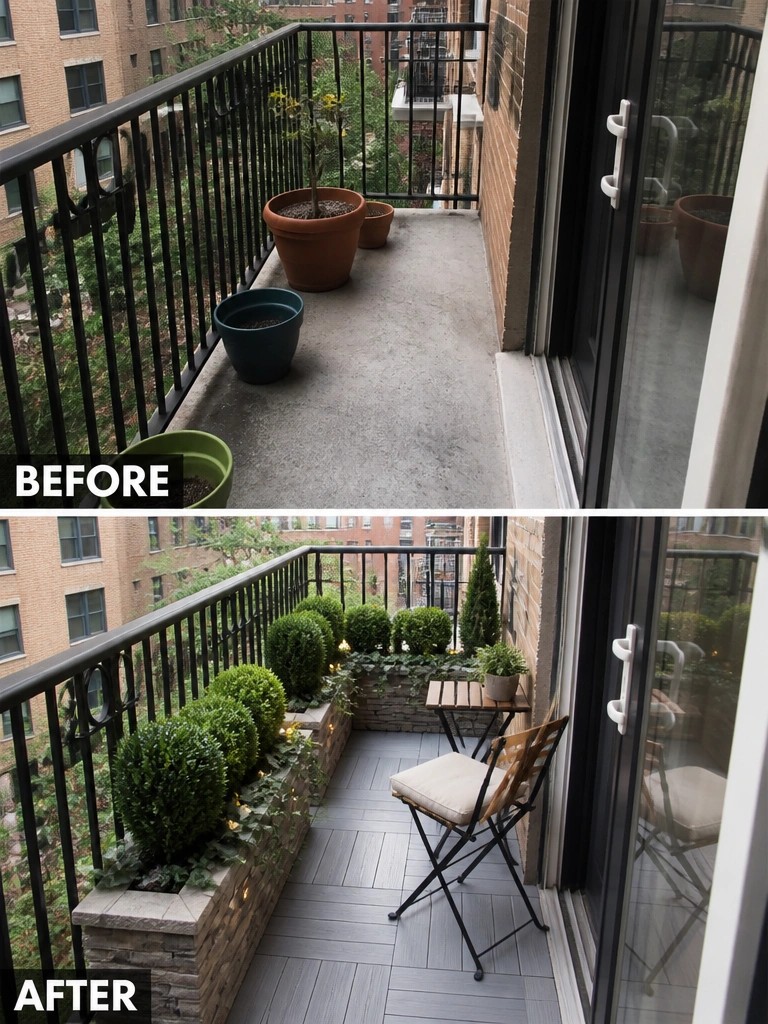 Before-and-after image of a bare concrete balcony changed into a seating area with stone-edged planters filled with shrubs and small lights.