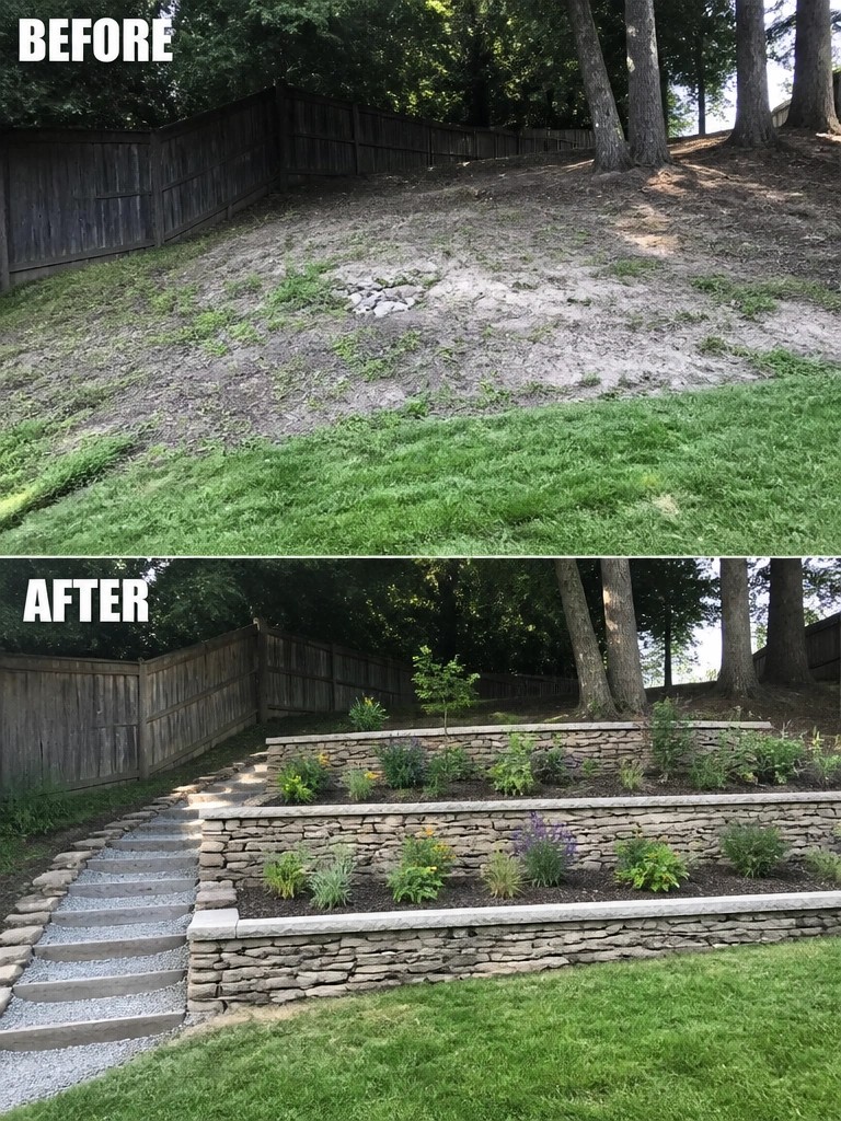 Before-and-after image of a bare sloped yard changed into tiered stone retaining walls with planted garden beds and a set of stone steps.