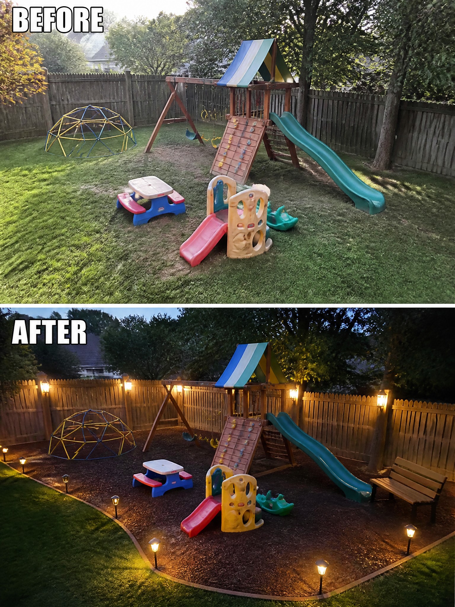 Playground transformation from daytime to evening, featuring lighting, grass, and play equipment.